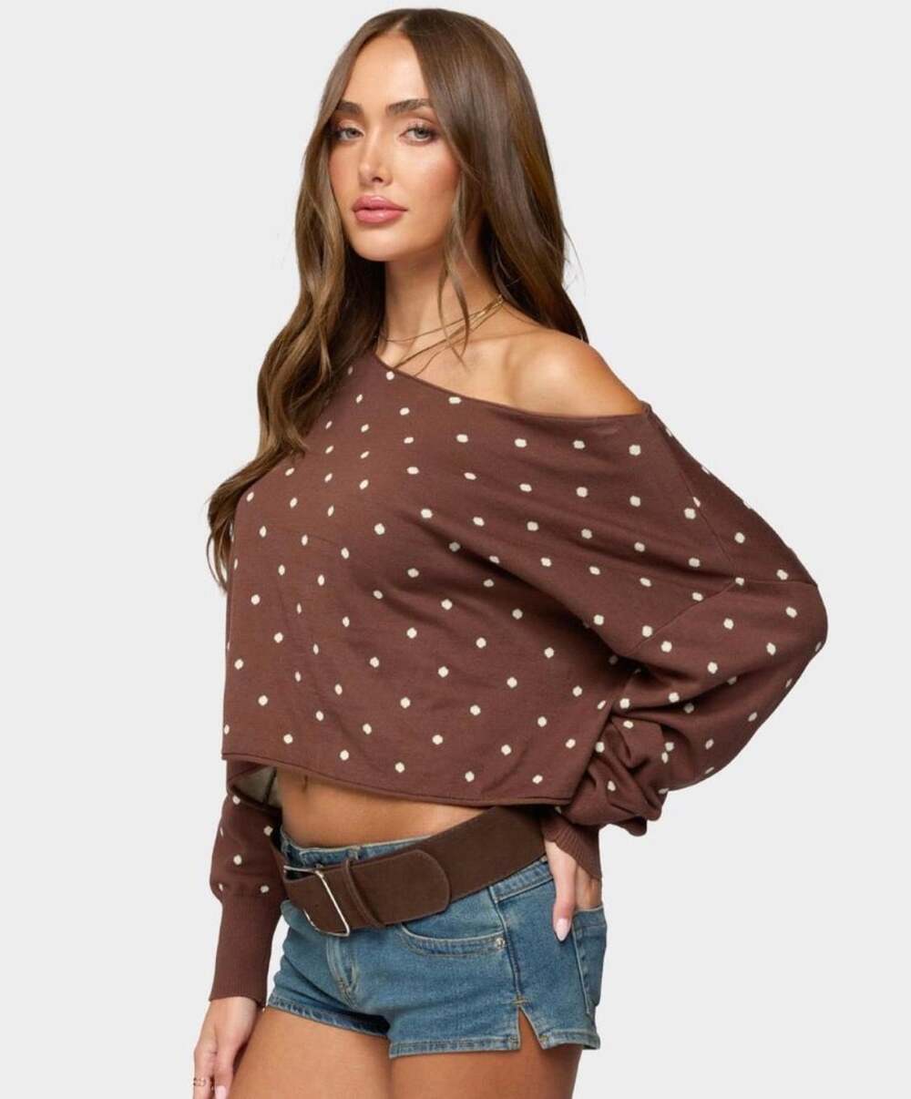 Edikted Oversized Off Shoulder Polka Dot Sweater Brown Medium